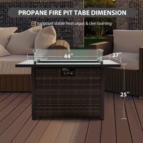 Outdoor Fire Pit 50000 BTU Propane Gas Fire Table With Lid Fireplace With Glass Windproof Willow Base Suitable For Gardens, Terraces, Backyards, 44 In